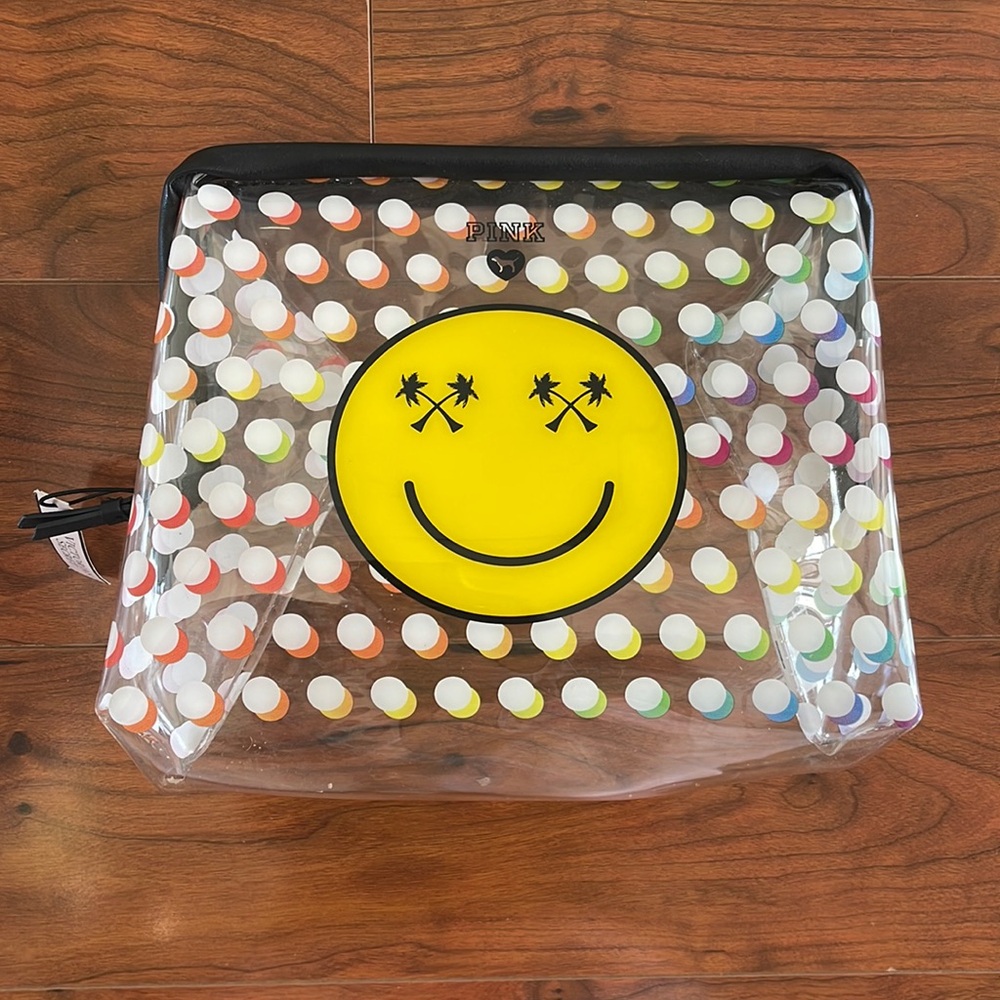 NWT Victoria's Secret Pink Clear Rainbow Smiley Face Cosmetic Bag Pouch